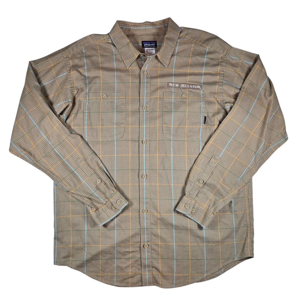 Patagonia New Belgium Brewery Tan Plaid Organic Cotton Button Up Shirt Men's XL